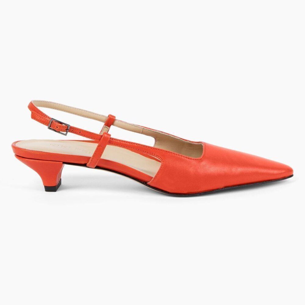 Sling Fling Low – Orange Leather Slingback Heels